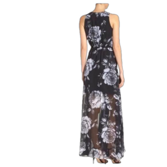 Ali & Jay floral maxi dress ruffle front sheer lined size small black & white - Picture 5 of 17